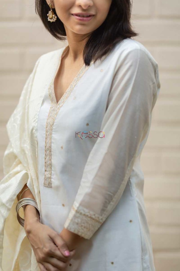Image for Kessa Ws476 Pearl White Chanderi Kurta With Chanderi Dupatta Closeup 2