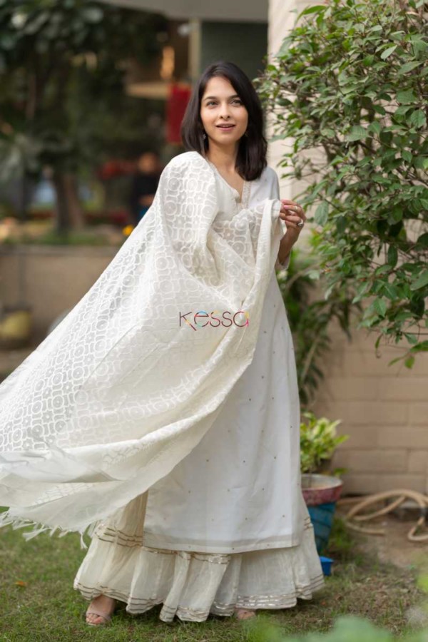 Image for Kessa Ws476 Pearl White Chanderi Kurta With Chanderi Dupatta Featured