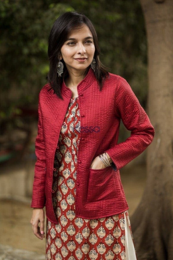 Image for Carnation Red Double Side Full Sleeves Jacket Closeup 2