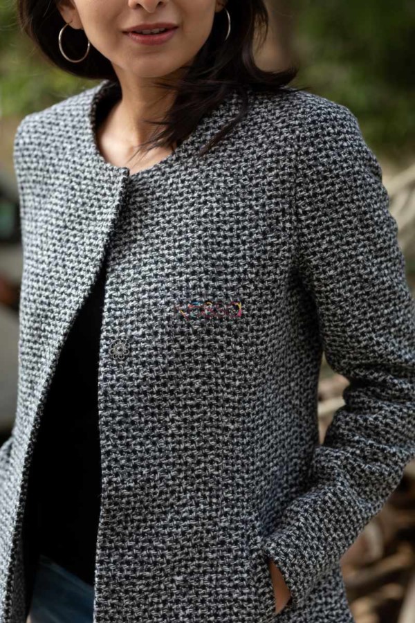 Image for Kessa Kj02 Checks Woolen Front Button Coat Closeup