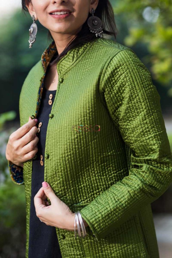 Image for Kessa Sj08 Trendy Green Double Full Sleeves Jacket Closeup