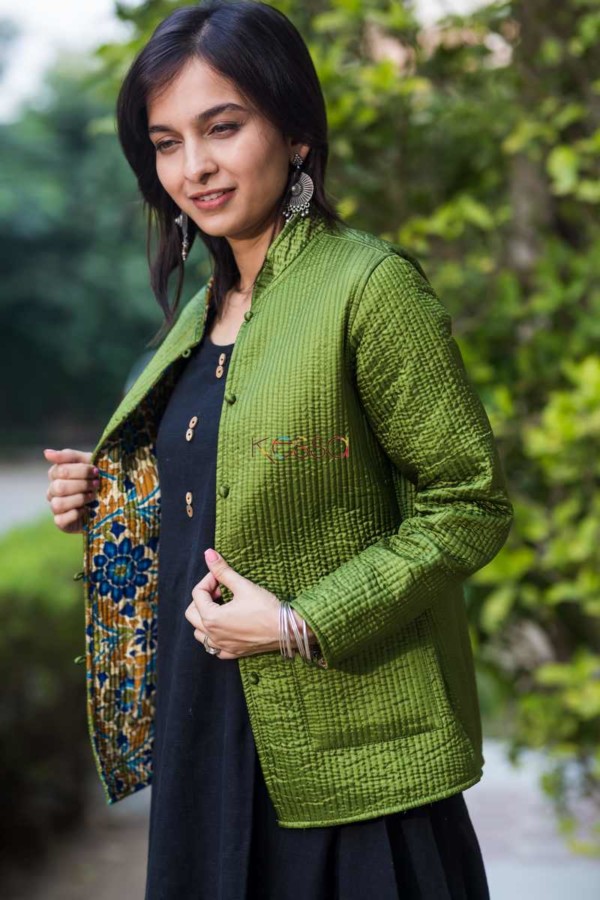 Image for Kessa Sj08 Trendy Green Double Full Sleeves Jacket Side