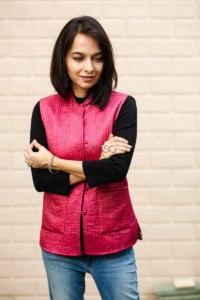 Image for Kessa Sj16 Blush Pink And Navy Blue Silk Half Jacket Front 2