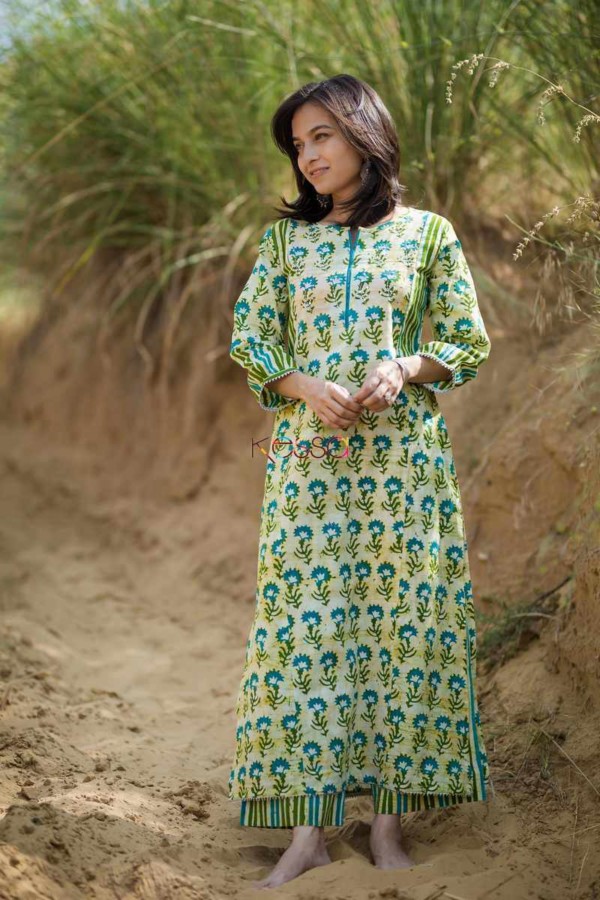 Image for Kessa Wa296a Batik Print Green Kurta Pant Set Featured
