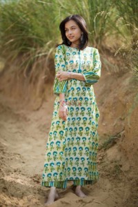 Image for Kessa Wa296a Batik Print Green Kurta Pant Set Front 2