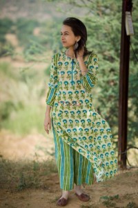 Image for Kessa Wa296a Batik Print Green Kurta Pant Set Front