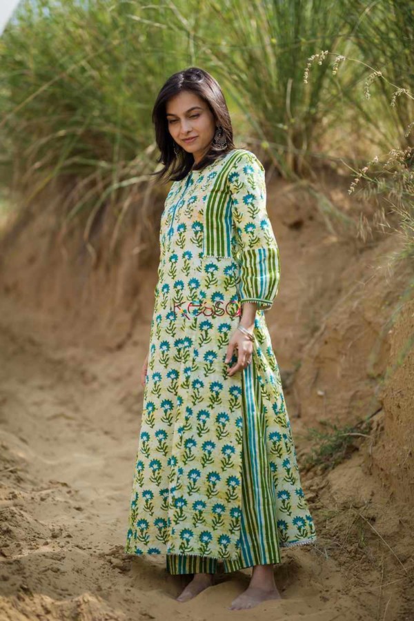 Image for Kessa Wa296a Batik Print Green Kurta Pant Set Side