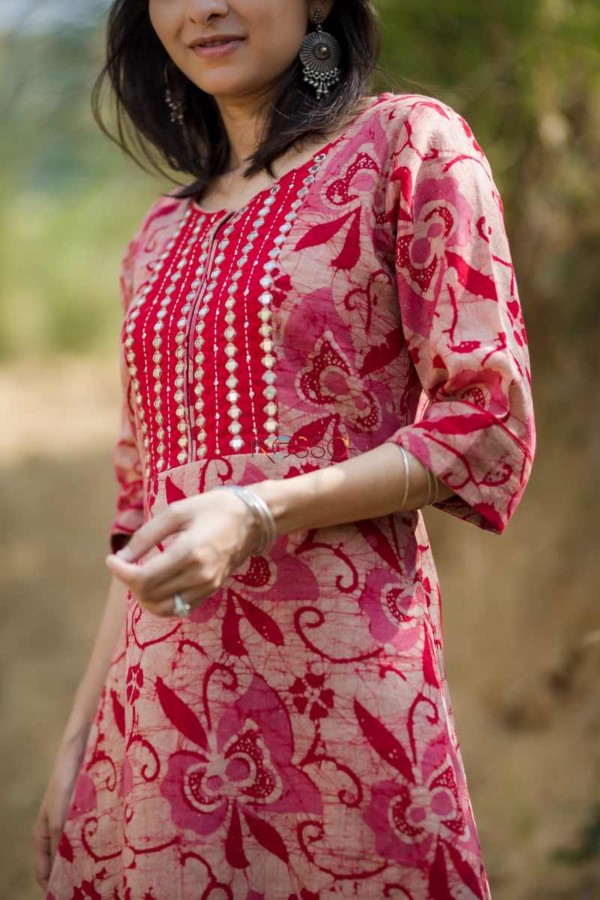 Image for Kessa Wa298a Red Batik Mirror Work Dress Closeup