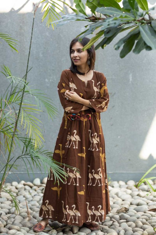 Image for Kessa Wa302a Saddle Brown Batik Print Dress Front 2