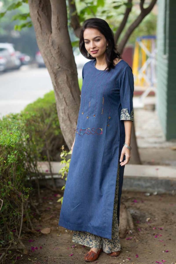 Image for Kessa Ws500 Kashmir Blue And Beige Kurta Pant Set Front