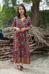 Image for Kessa Wsr80 Mariner Blue And Red A Line Kurta Front