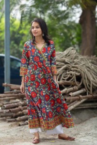 Image for Kessa Wsr80 Mariner Blue And Red A Line Kurta Side