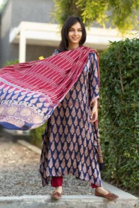 Image for Kessa Kuoj104 Fiord Blue And Maroon Modal Silk Ajrakh Print Kurta Dupatta Set Featured