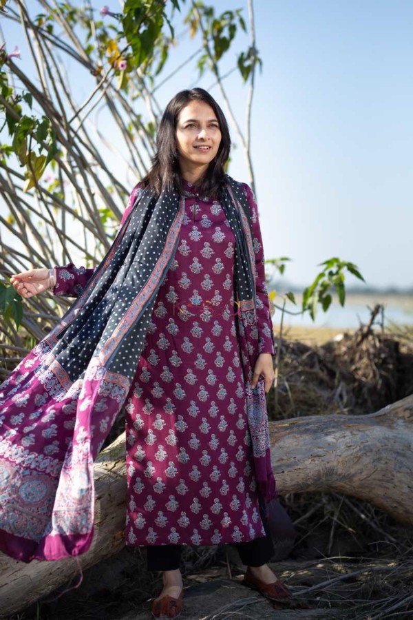 Image for Kessa Kuoj105 Camelot Purple Modal Silk Ajrakh Print Kurta Dupatta Set Featured