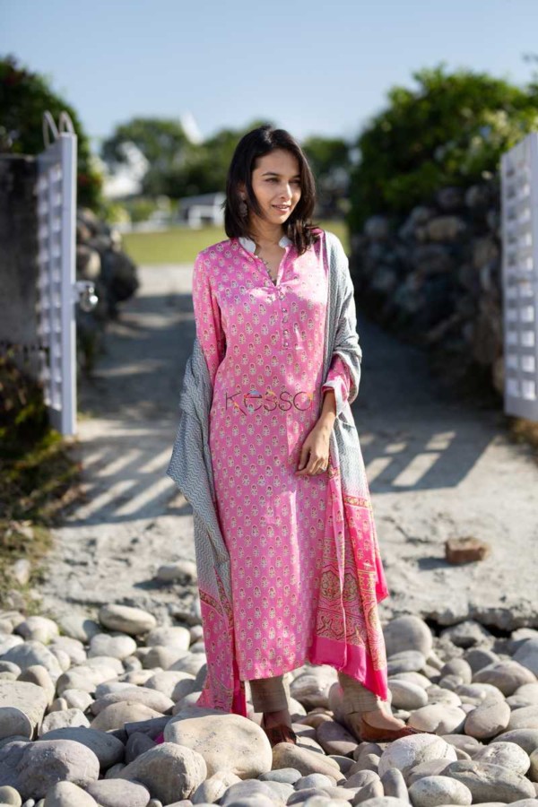 Image for Kessa Kuoj106 Light Orchid Pink And Grey Modal Silk Ajrakh Print Kurta Dupatta Set Front