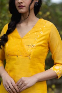Image for Kessa Ws467a Yellow Straight Chanderi Kurta Closeup