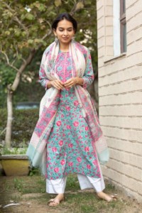Image for Kessa Kuoj111 Turquoise And Pink Kurta Dupatta Set Featured