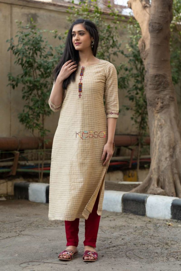 Image for Kessa Ws518 Check Chanderi Kurta With Hand Embroidery Patch Front 2