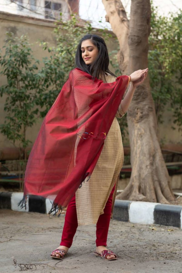 Image for Kessa Ws518 Check Chanderi Kurta With Hand Embroidery Patch Front