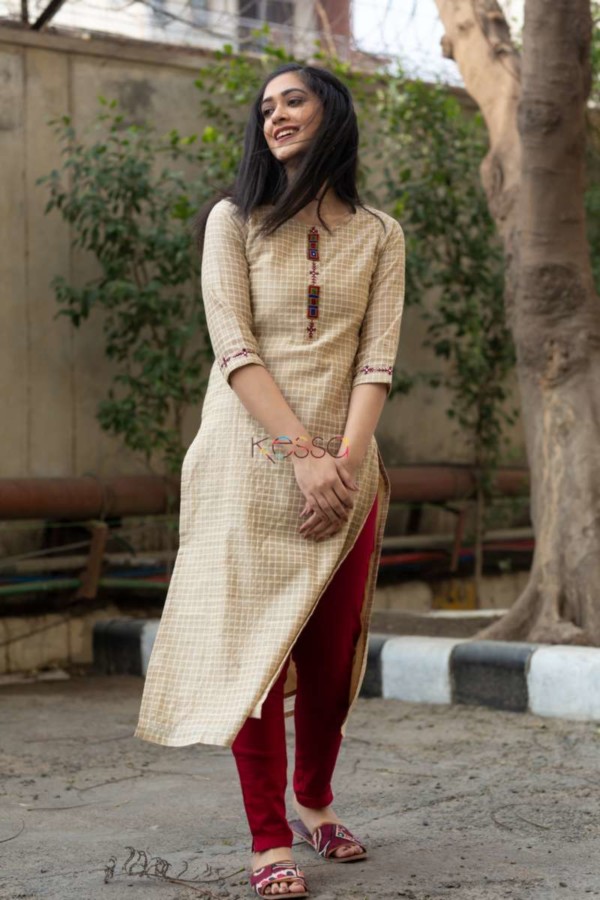 Image for Kessa Ws518 Check Chanderi Kurta With Hand Embroidery Patch Side