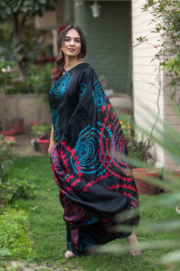 Image for Kessa Kunf03 Modern Tribe Black Printed Bengal Silk Saree 6