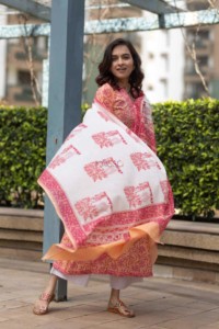 Image for Kessa Kuoj112 Peach Pink Kurta Cotton Dupatta Set Featured New 4