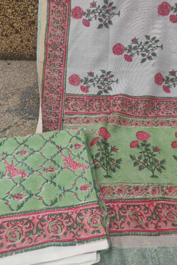 Image for Kessa Kf37 Sage Green Block Printed Fabric With Chanderi Dupatta 6
