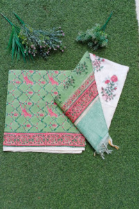 Image for Kessa Kf37 Sage Green Block Printed Fabric With Chanderi Dupatta N1