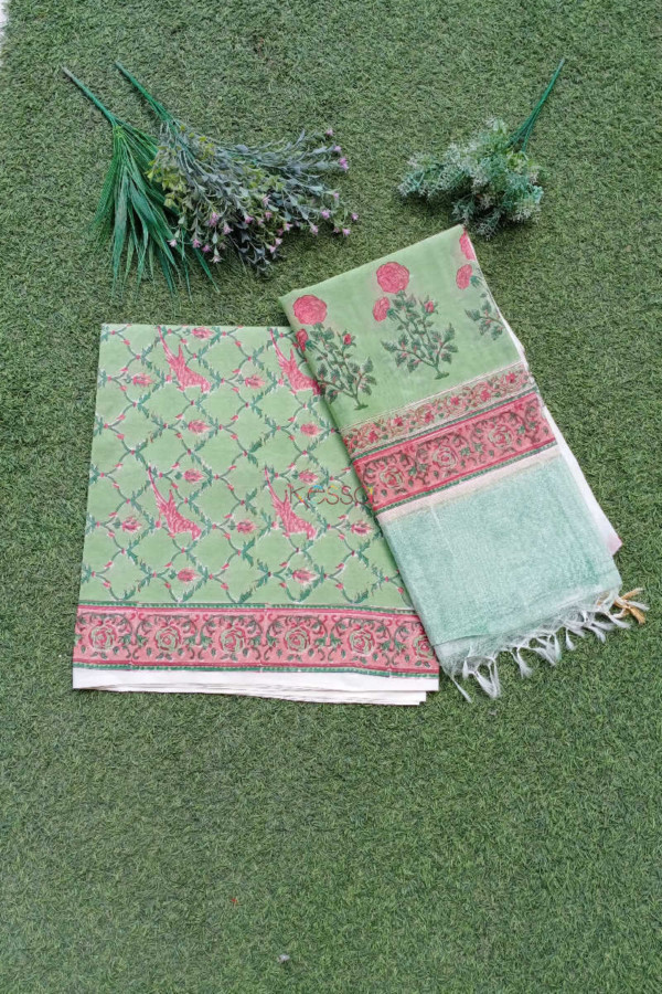 Image for Kessa Kf37 Sage Green Block Printed Fabric With Chanderi Dupatta N2
