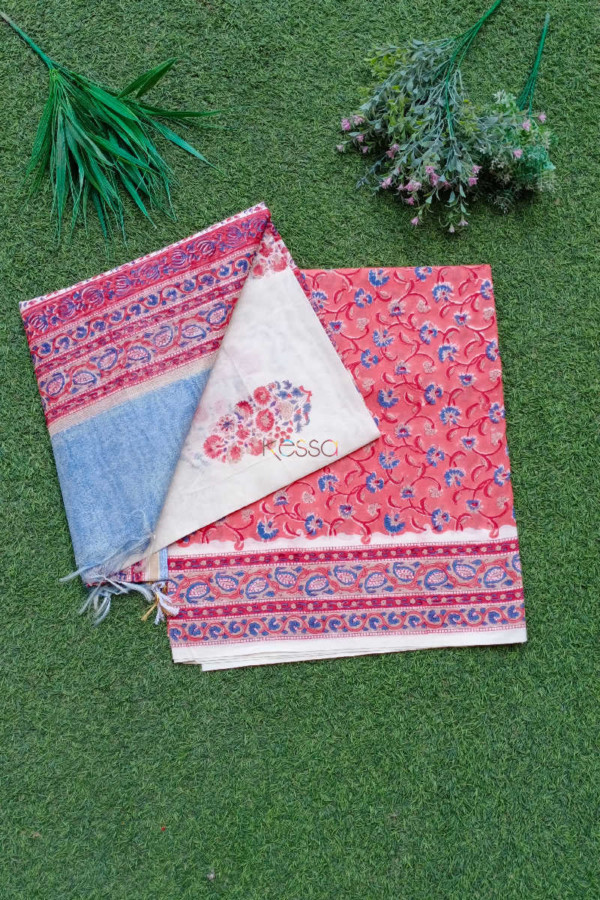 Image for Kessa Kf38 Chestnut Rose Block Printed Fabric With Chanderi Dupatta N1