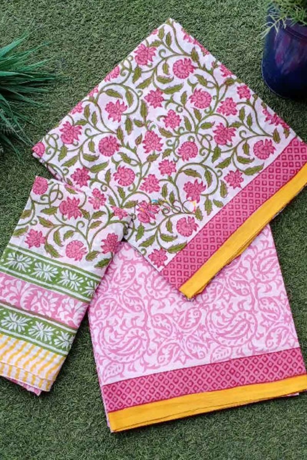 Image for Kessa Kf67 Pink Yellow And Green Cotton Dupatta Full Set Closeup