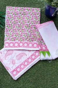 Image for Kessa Kf71 Pink And Green Cotton Mull Dupatta Full Set Closeup