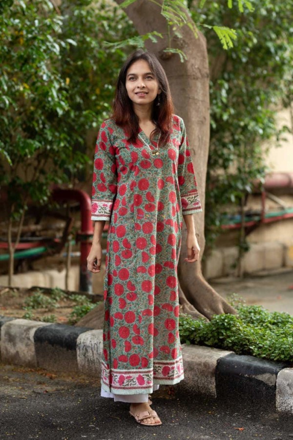 Image for Kessa Wa317a Forest Green Floral Red Printed Kurta 1