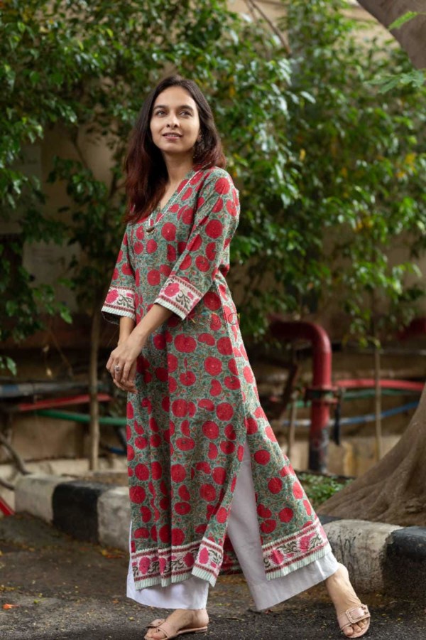 Image for Kessa Wa317a Forest Green Floral Red Printed Kurta 10