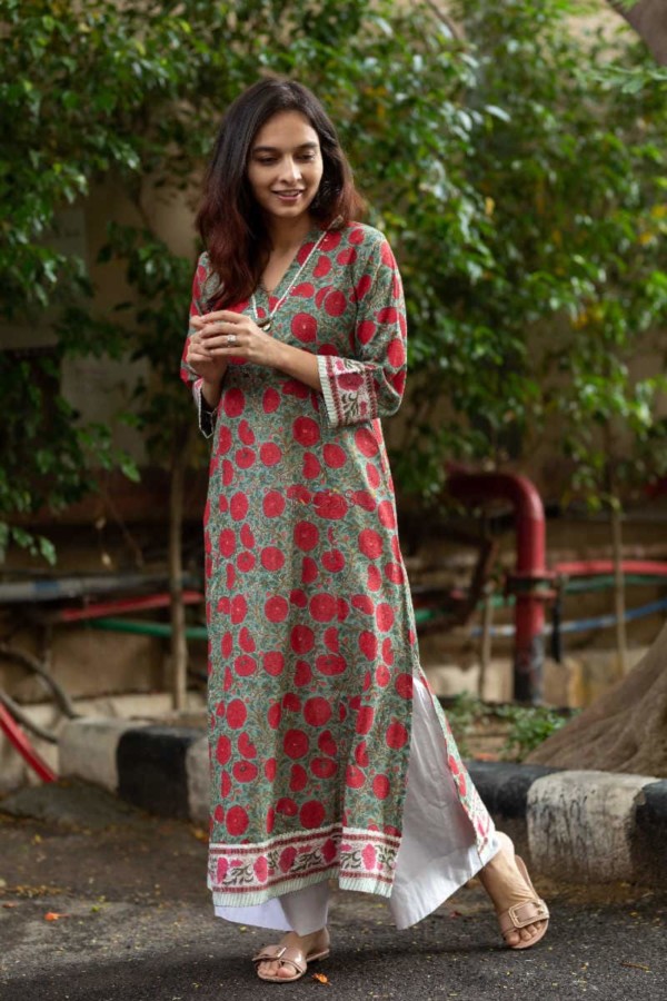 Image for Kessa Wa317a Forest Green Floral Red Printed Kurta 11