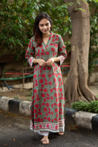 Image for Kessa Wa317a Forest Green Floral Red Printed Kurta 12