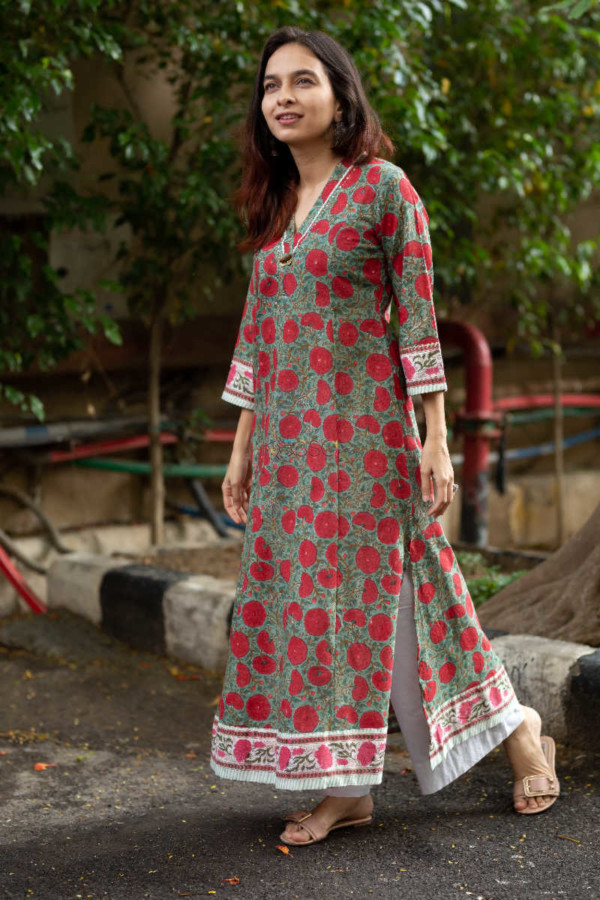 Image for Kessa Wa317a Forest Green Floral Red Printed Kurta 9