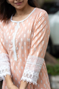 Image for Kessa Daf05a Tan Peach And White Kurta Pant Set Closeup