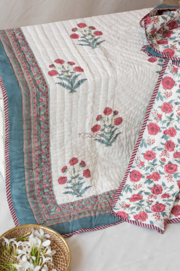 Image for Kessa Kaq09 Red Floral Jaal Single Bed Quilt Closeup