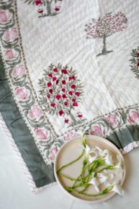 Image for Kessa Kaq11 Bouquet Pink And Green Single Bed Quilt Closeup