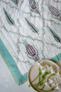 Image for Kessa Kaq12 Rouge And Green Jaal Print Single Bed Quilt Closeup