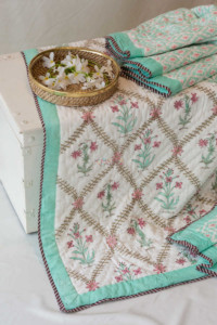 Image for Kessa Kaq15 Turquoise Mughal Print Double Bed Quilt Closeup