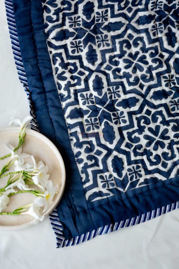 Image for Kessa Kaq17 Indigo Print Double Bed Quilt Closeup