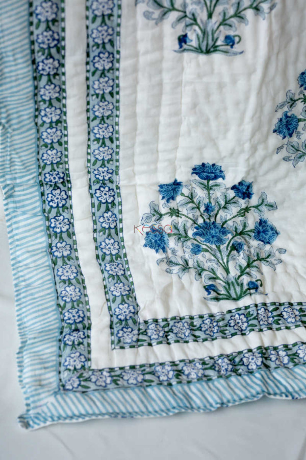 Image for Kessa Kaq21 Blue Tapestry Mughal Block Single Bed Quilt Closeup