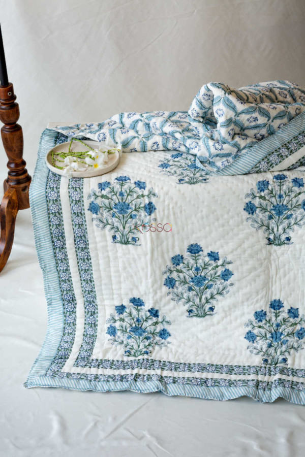 Image for Kessa Kaq21 Blue Tapestry Mughal Block Single Bed Quilt Look