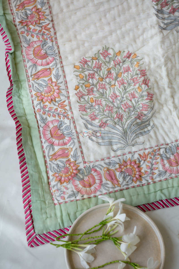 Image for Kessa Kaq23 Brandy Rose And Green Block Print Single Bed Quilt Closeup