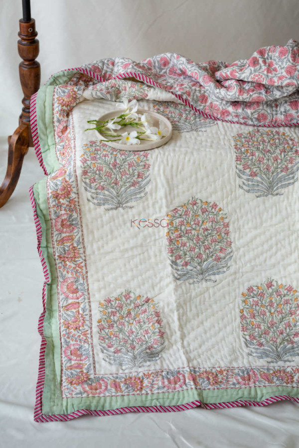 Image for Kessa Kaq23 Brandy Rose And Green Block Print Single Bed Quilt Look