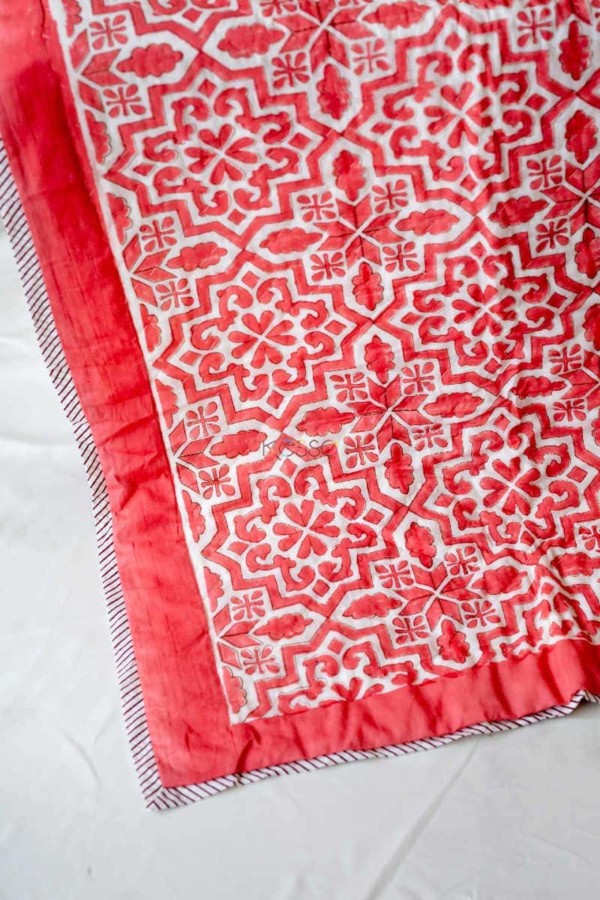 Image for Kessa Kaq24 Deep Blush Block Print Single Bed Quilt Closeup