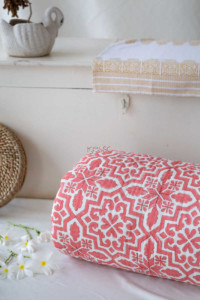 Image for Kessa Kaq24 Deep Blush Block Print Single Bed Quilt Featured