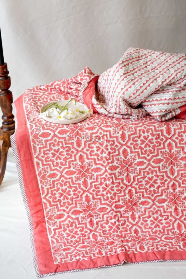 Image for Kessa Kaq24 Deep Blush Block Print Single Bed Quilt Look